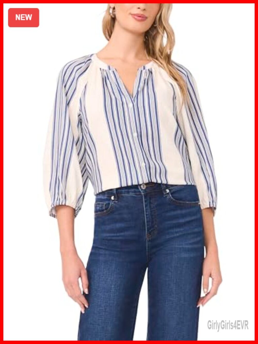 3/4 Sleeve Striped Linen Raglan Button Down Blouse